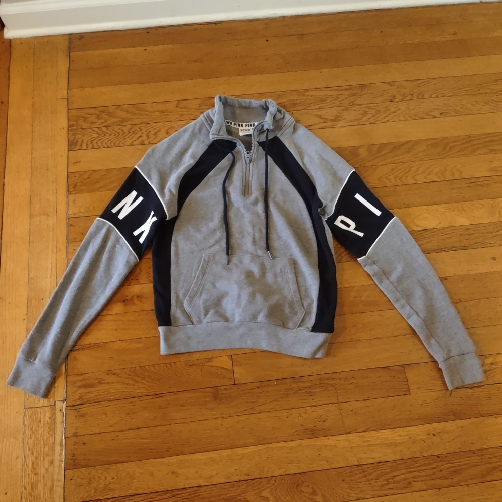 Victoria's Secret PINK half zip grey and black sweatshirt with logo on sleeve XS